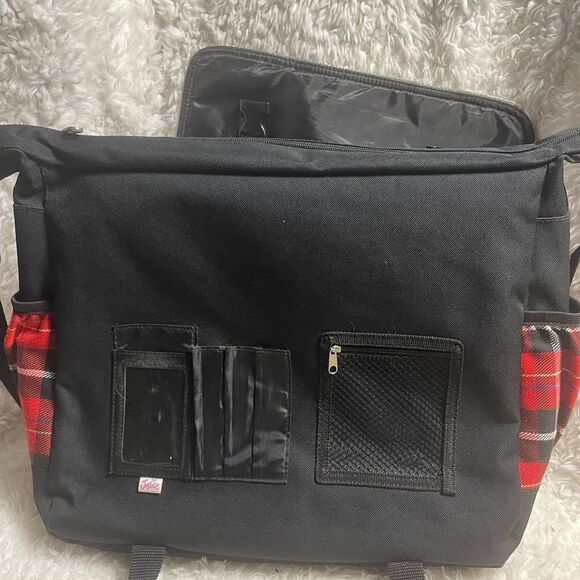 Justice Red Plaid Messenger Bag & Binder with Peace Sign studded accents. - Picture 4 of 10